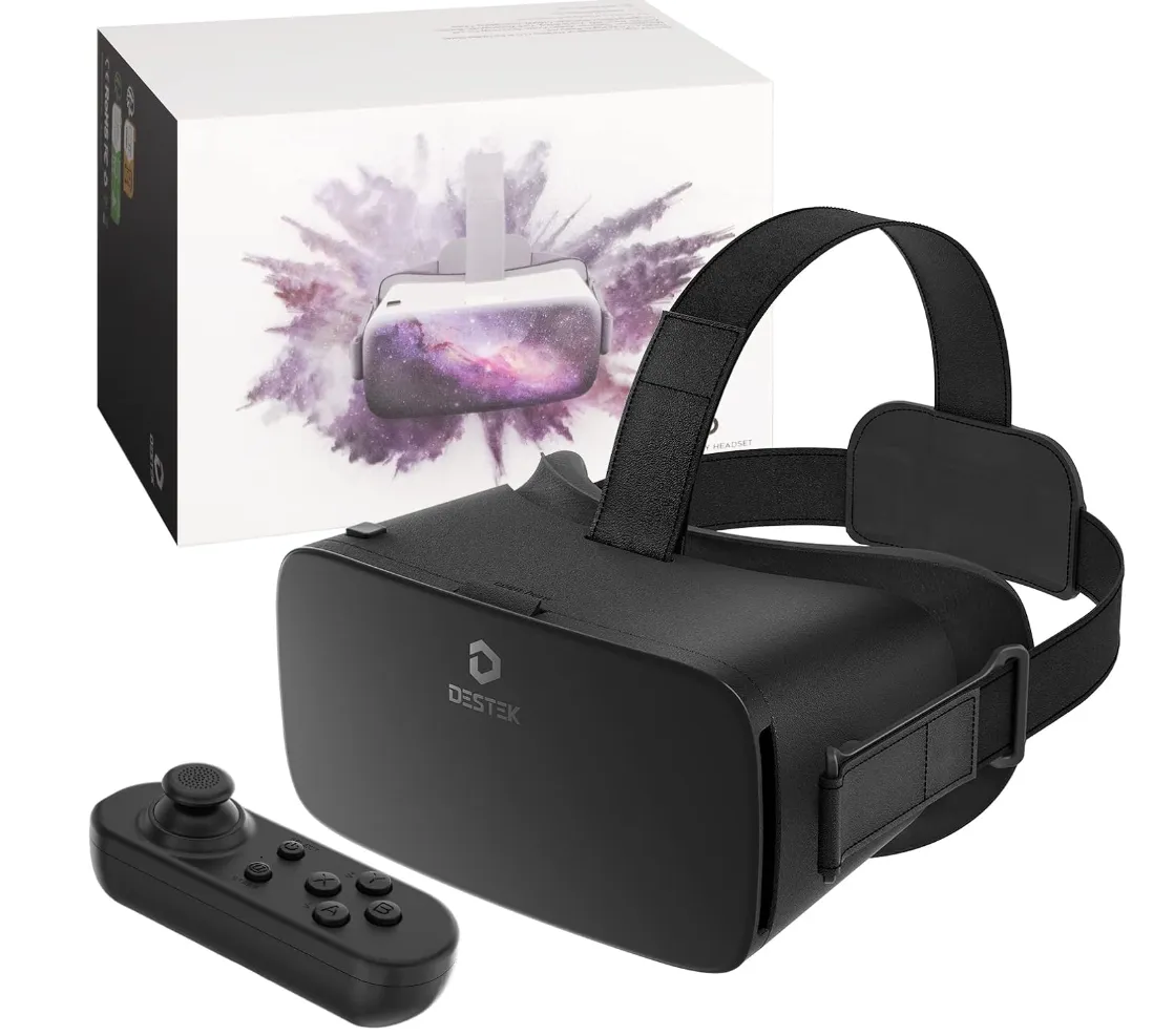 Die DESTEK V5 VR-Brille wird mit einem Smartphone verwendet und kommt mit einem Controller.